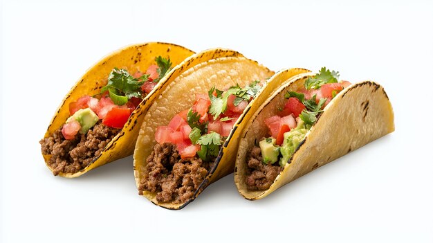 Three tacos with ground beef tomato avocado and cilantro