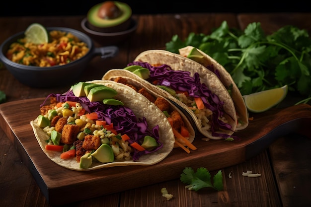 Three tacos on a wooden board with avocado, avocado, and corn.