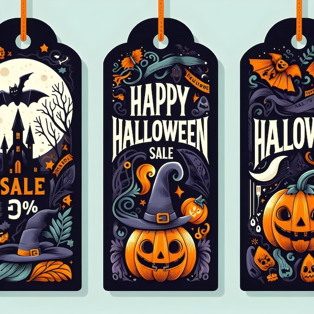 Photo three tags of halloween sale hang from a string