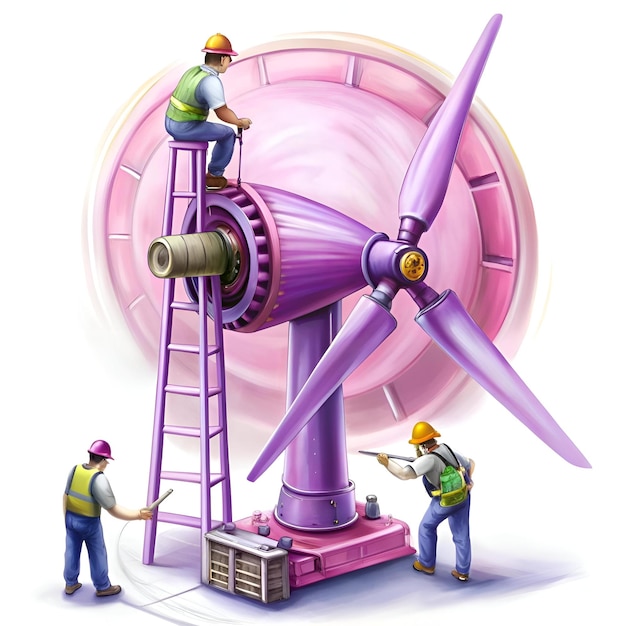 Photo three technicians work on a large pink wind turbine