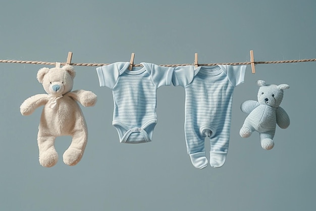 Three teddy bears hanging on a clothes line