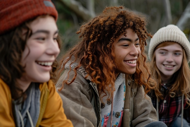 Three teens sit outside and share a laugh together