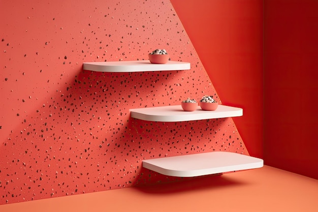 Three terrazzo shelves on red concrete wall for interior or exterior product display studio room