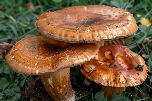 Three textured brown mushrooms sprouting in the wild grass