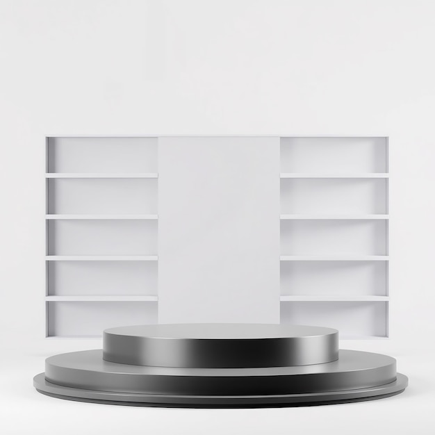 Photo three tiered black pedestal with white shelves behind