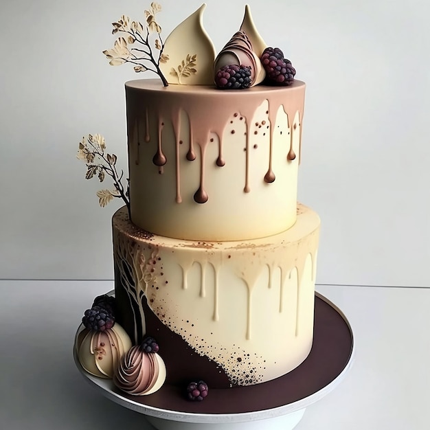 A three tiered cake with chocolate drips and berries on top.