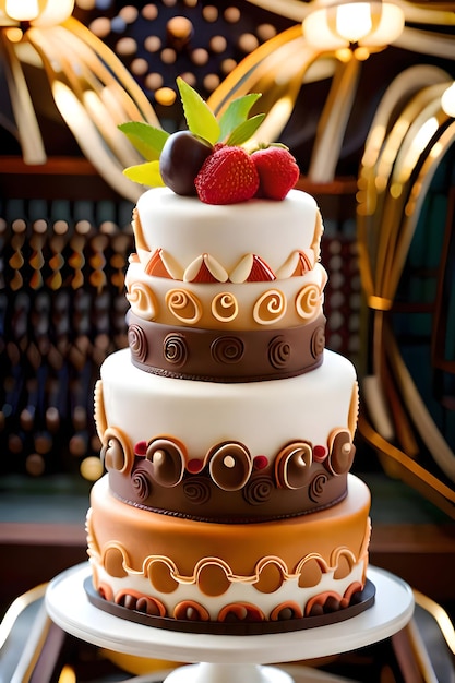 A three tiered cake with chocolate and strawberries on top.