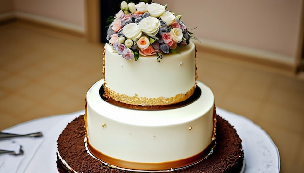 A three - tiered cake with a floral topper.