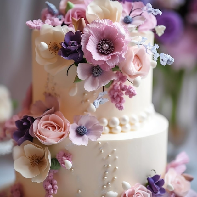 A three tiered cake with flowers on top of it.