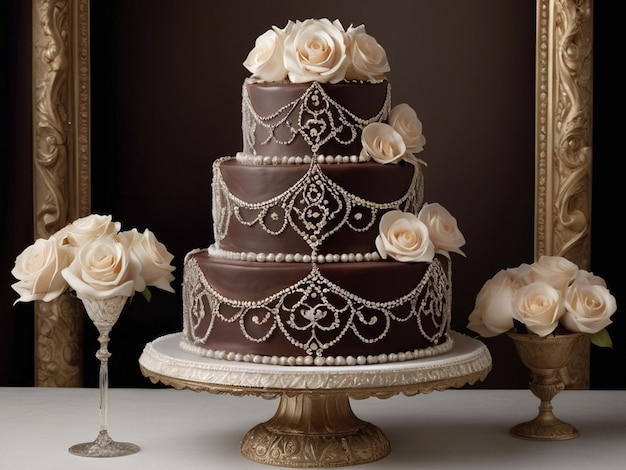 a three tiered cake with white roses and a gold stand with a cup of champagne