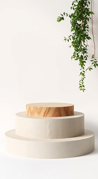 Three tiered round platform with a wooden top and white base with green foliage hanging from the top