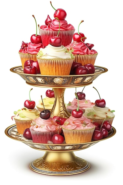 A three tiered tray with cupcakes and cherries AI generative image Lambeth style retro cake