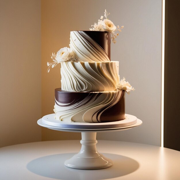 Photo a three tiered wedding cake with flowers on a pedestal