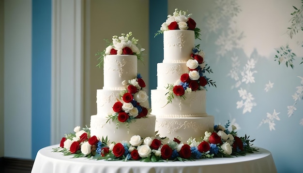 a three tiered wedding cake with flowers on the top