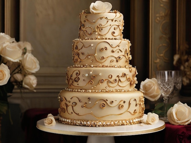 a three tiered wedding cake with gold trim and a white rose on the top