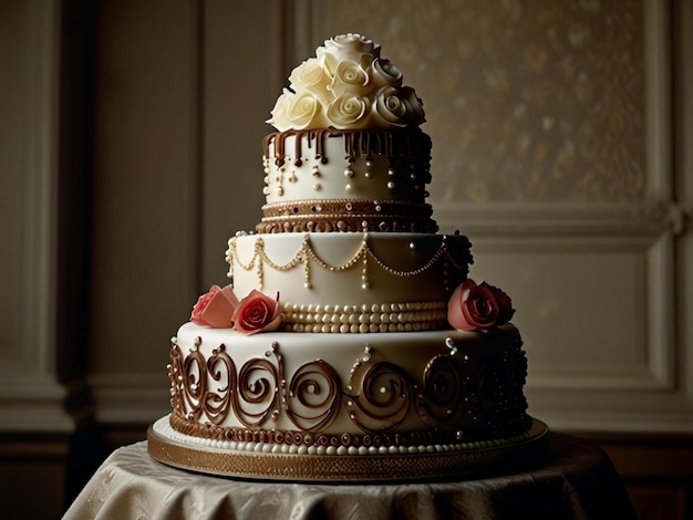 Photo a three tiered wedding cake with a gold and white design