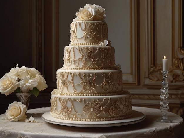 a three tiered wedding cake with a heart shaped topper