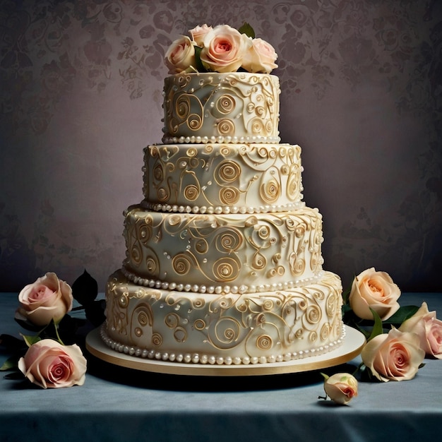 a three tiered wedding cake with pink roses on a table