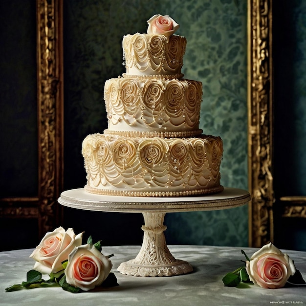 Photo a three tiered wedding cake with roses on a pedestal