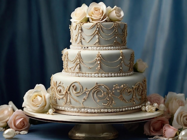 a three tiered wedding cake with a silver and gold design