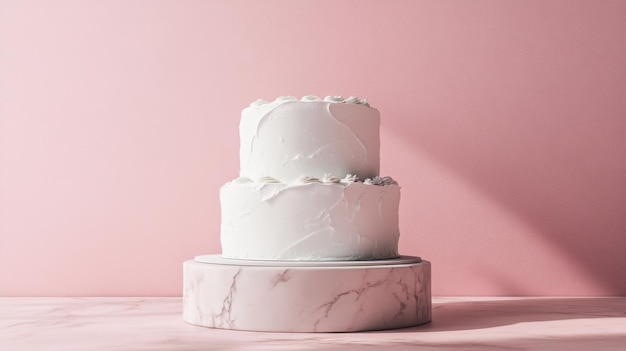 Photo three tiered wedding cake with white frosting and a pink background