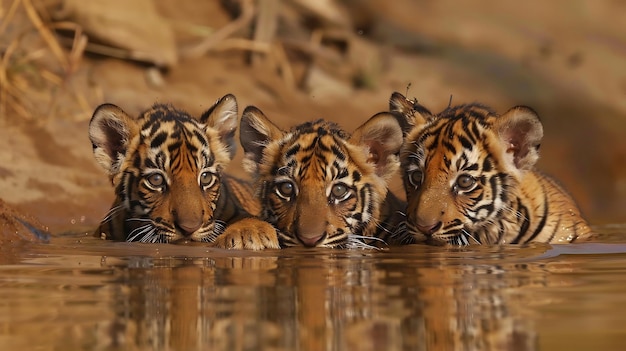 Photo three tiger cubs relaxing in water