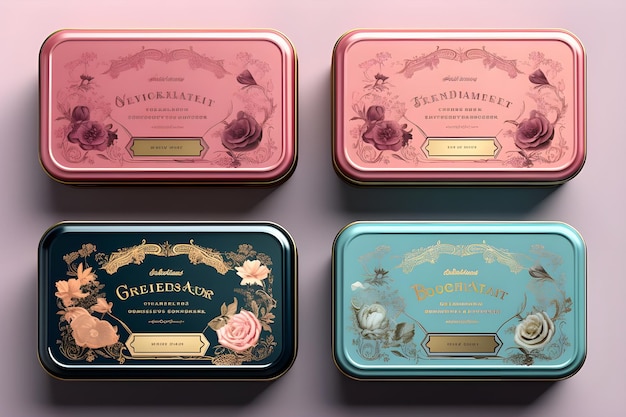 three tins of butter and a pink and gold canister