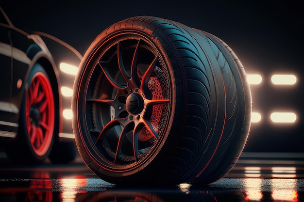 Three tires on a black background with red rims.