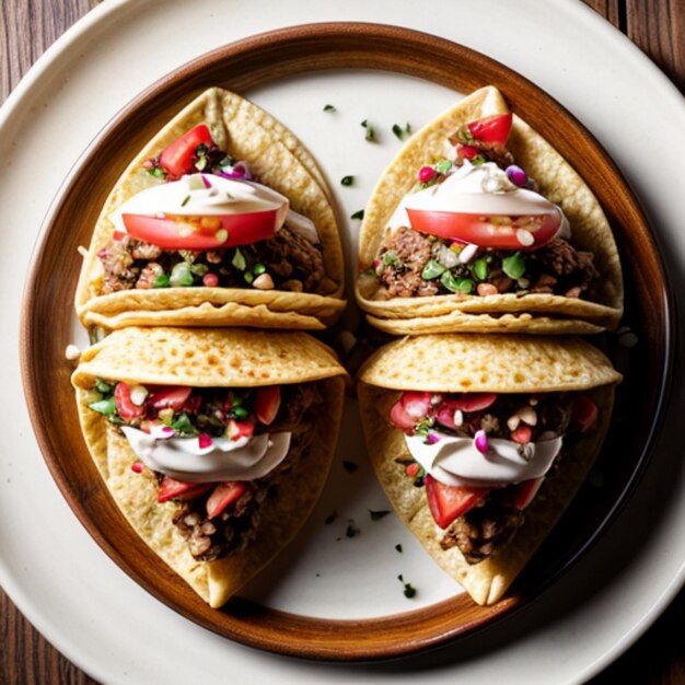 Photo three tortillas with a white sauce and a wooden plate with a white plate on it