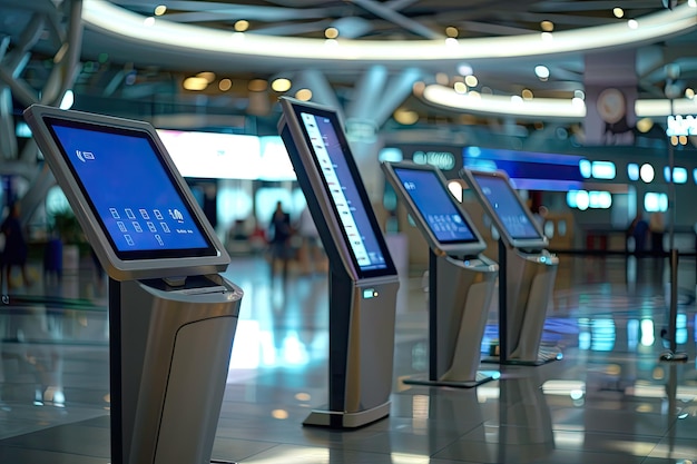 Photo three touch display kiosks in a row at airport