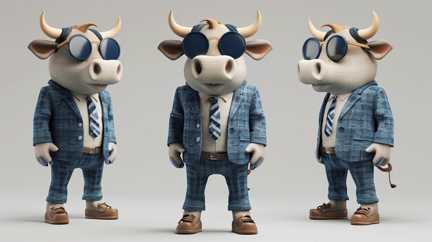 Photo three toy animals with a suit and tie and a cow wearing a suit