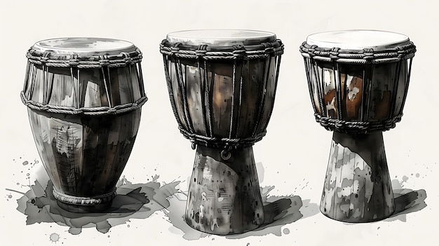 Three traditional African drums a djembe a bongos and a conga drum painted in grayscale with watercolors on white background