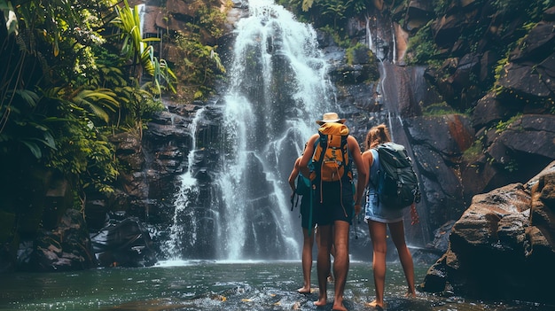 Three travelers stand in front of a lush waterfall enjoying the beauty of nature