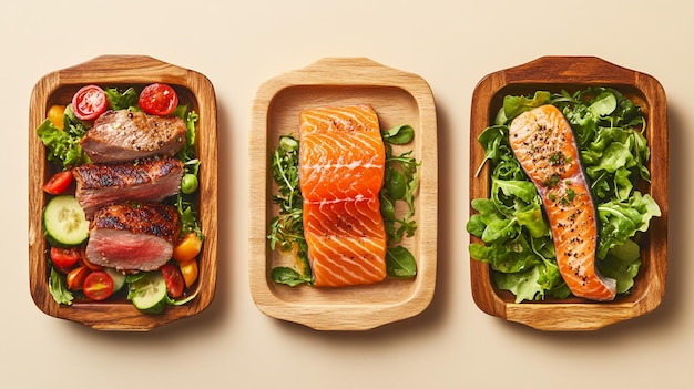 Photo three trays of food including salmon salmon and salad