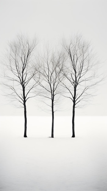 three trees in a field with snow on the ground