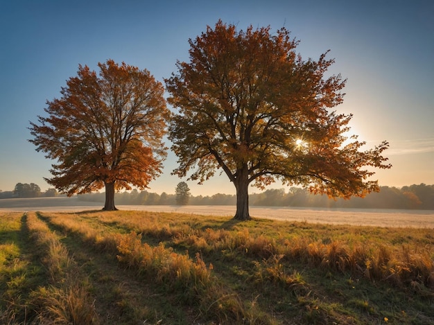 three trees in a field with the sun shining through them