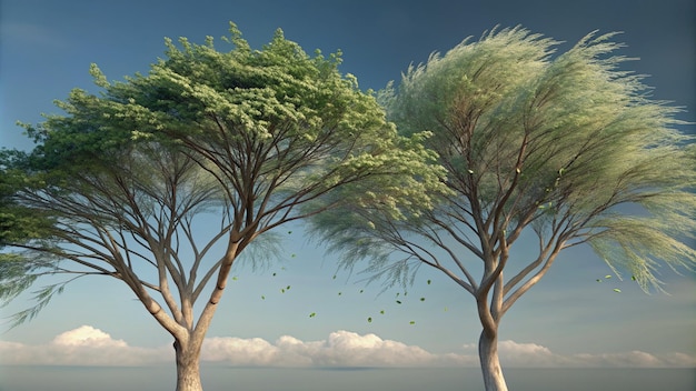 three trees with green leaves and a blue sky in the background