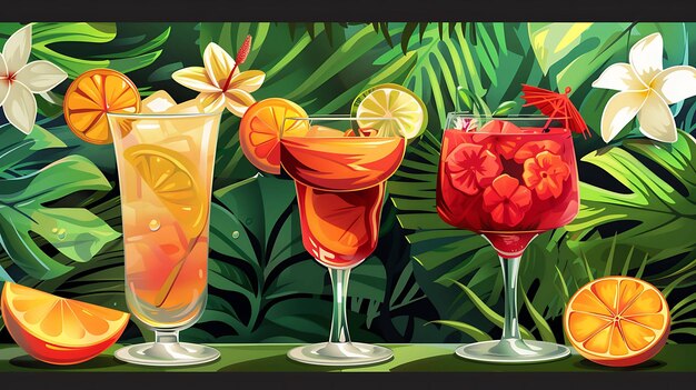 Photo three tropical cocktails with fruit garnishes set against lush greenery