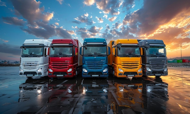 Three trucks are parked in row A group of modern trucks parked in the parking lot