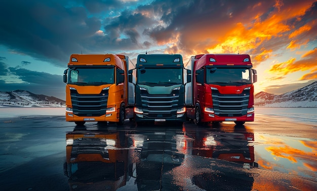 Three trucks are parked in row on the road in the background of the mountains and the sunset