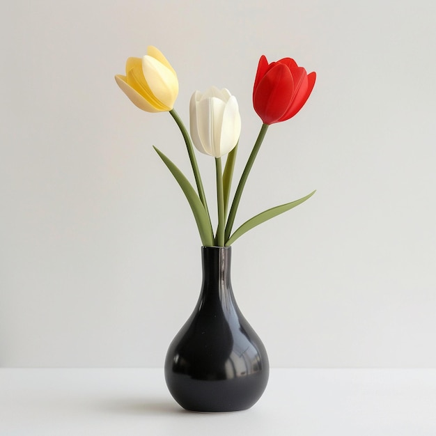 Three Tulips in a Black Vase