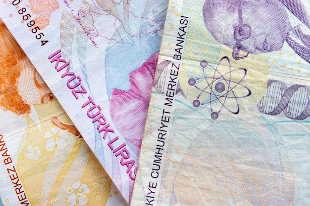 Three turkish lira banknotes closeup