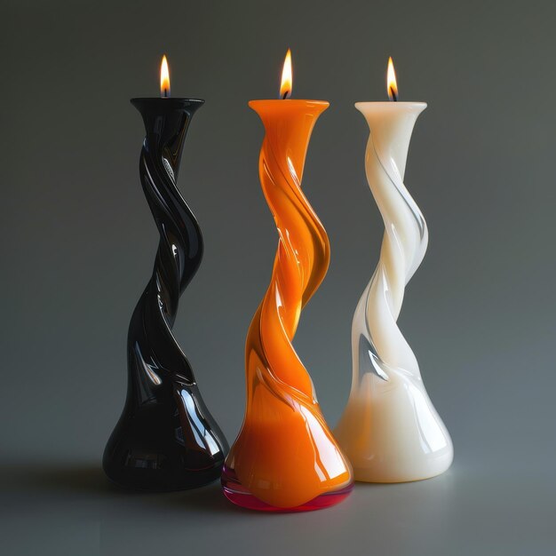 Photo three twisted glass candlesticks with flames