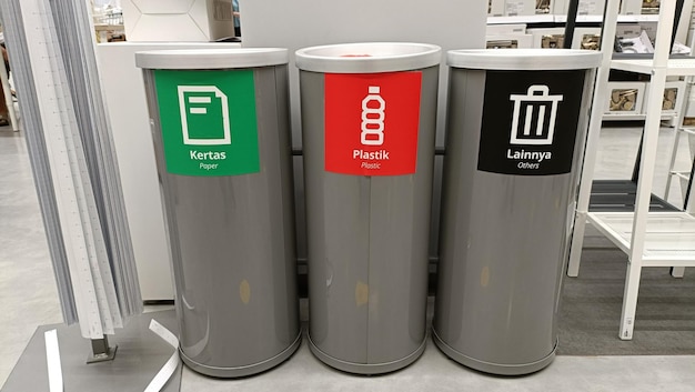 Three types of trash cans are paper plastic and others