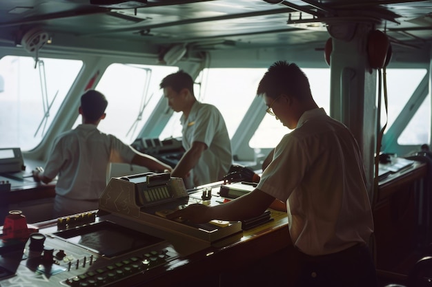 Photo three uniformed crew members focus on their tasks in the control room of a ship illuminated by natural light streaming through large windows