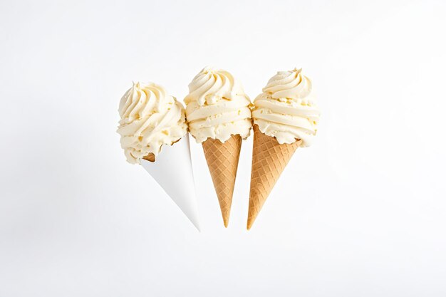 Three Vanilla Ice Cream Cones on White Background