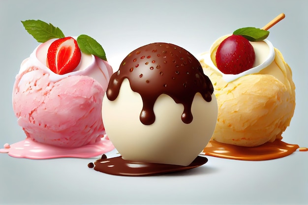 Three various ice cream balls strawberry vanilla and chocolate Generative Ai