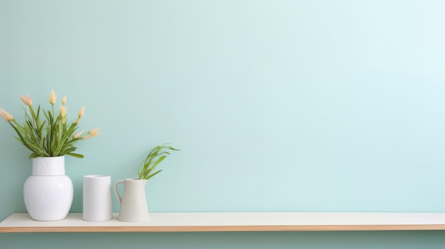 Three Vases on a Shelf With Flowers