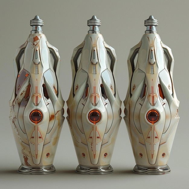 Photo three vases with a design of a spaceship on them generative ai