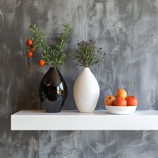 Photo three vases with flowers and a bowl of fruit on a shelf